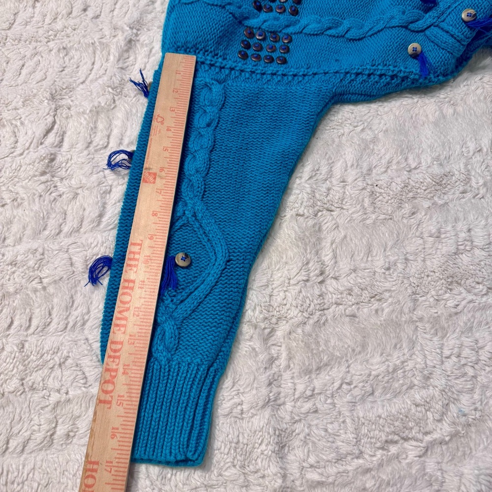 Vintage 90s I Magnolia teal Blue Cable Knit Button Tassel Sweater M Cropped - Picture 3 of 6